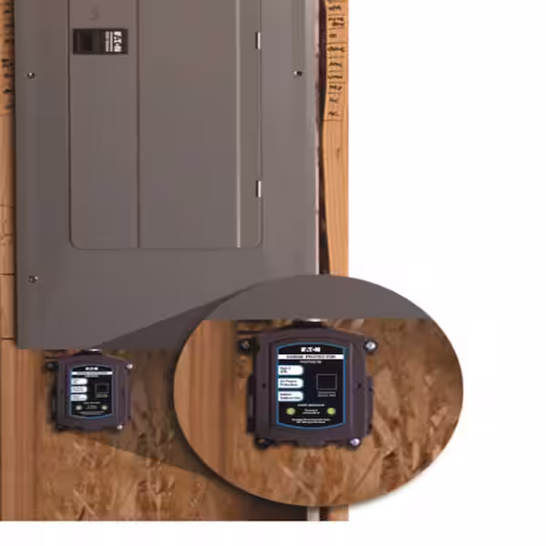 Eaton Type 2 surge protective device installed alongside a residential electrical panel — the topical visual for whole-home surge protection in a Tulsa home