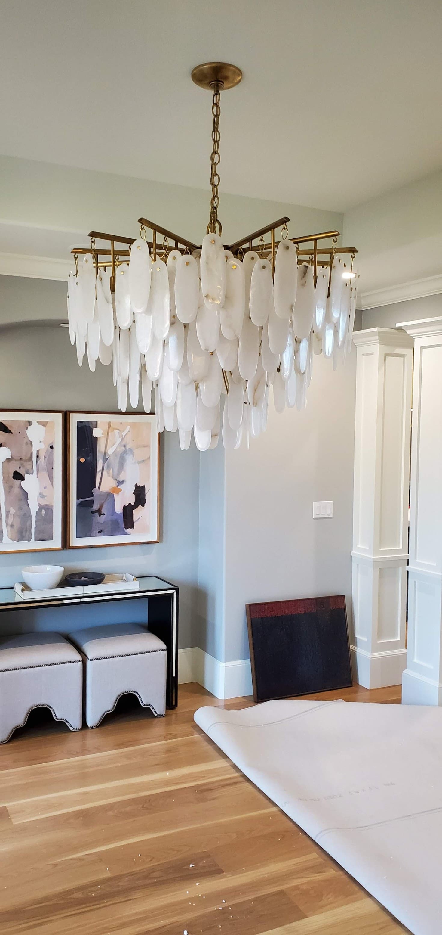 Alabaster chandelier installed by M Electric in a Tulsa home entryway — residential indoor lighting installation
